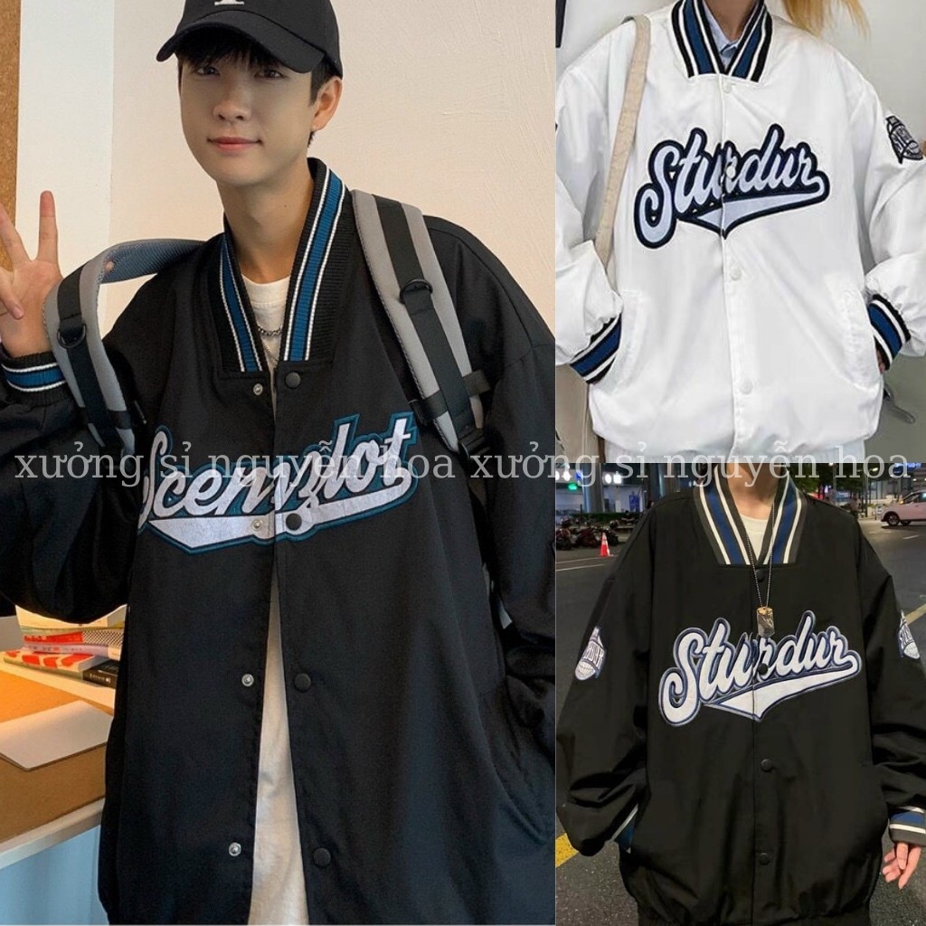 Áo khoác gió, áo bomber cúc bấm viền cổ 2 màu trắng/đen form rộng unisex nam nữ mặc được Xưởng Sỉ Nguyễn Hoa