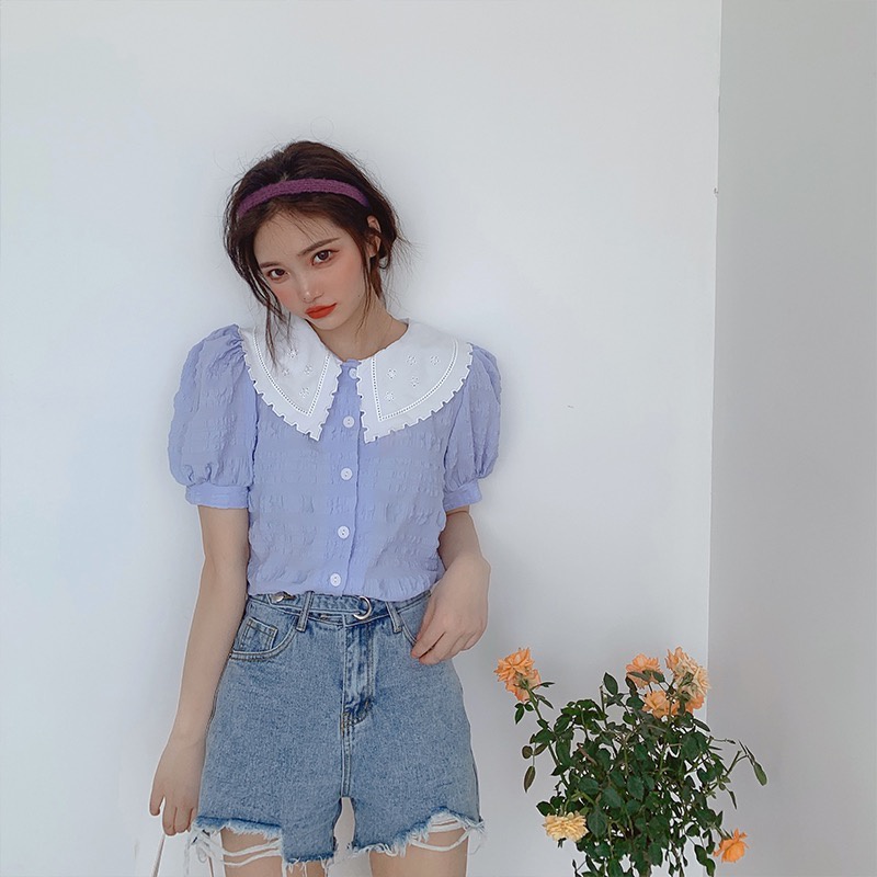 MS257 Áo sơ mi nữ cộc tay dập nổi cổ tam giác