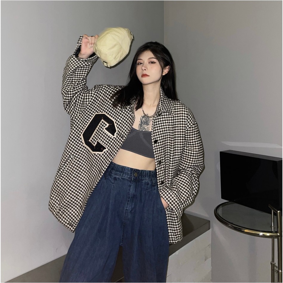 Áo khoác tay dài in họa tiết Houndstooth phong cách cổ điển cho nữ