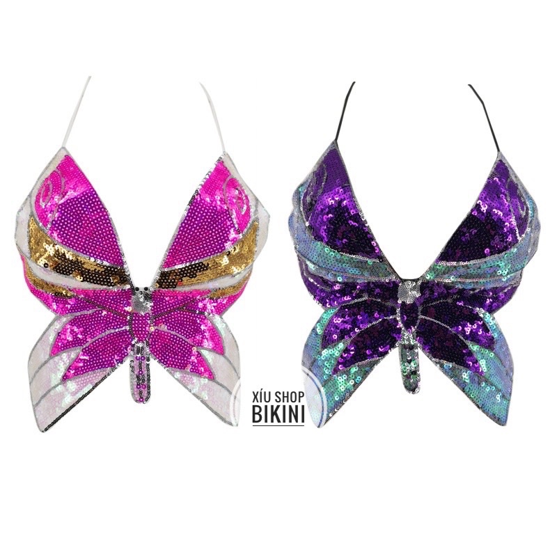 Áo Croptop 2 dây dáng cánh b.ướm kim sa đan dây chéo sau