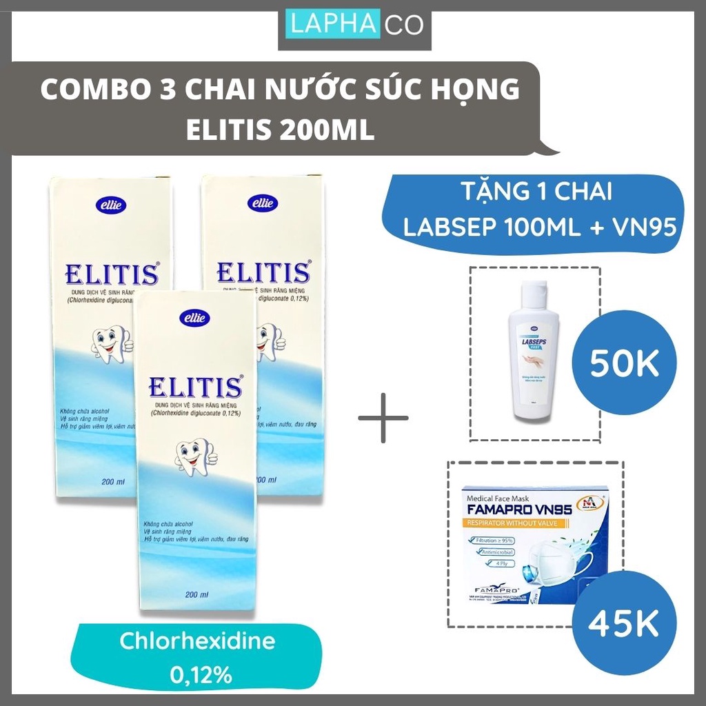 Combo 3 chai Nước súc miệng họng Elitis Chlorhexidine 0,12% dung tích 200ml