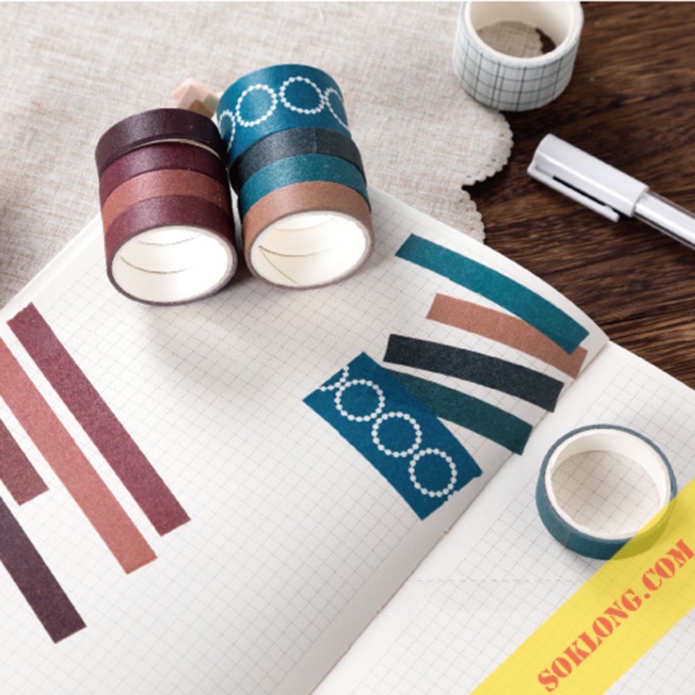 Bộ 10 washi tape trơn màu Pastel/ Vintage WA09 cổ điển bắng dính trang trí bullet journal nhiều mẫu SOKLONG