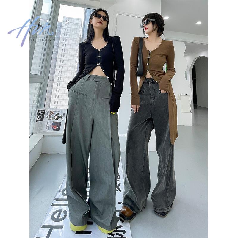 Quần Tây Ống Đứng Rộng 170 Độ Thời Trang Mùa Thu Màu Xám Phong Cách Hàn Quốc Cho Nữ