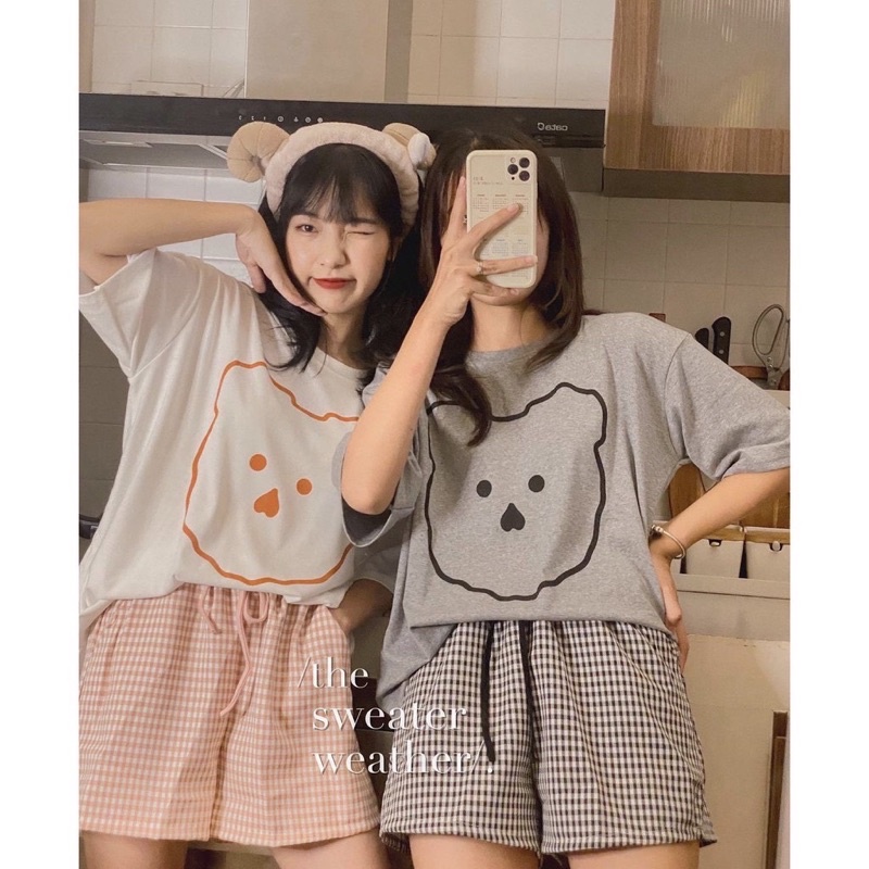 Sét cộc đùi hoạ tiết in gấu-Bộ quần short kẻ caro kèm áo thun tay kĩe form rộng in hình dễ thương, cute