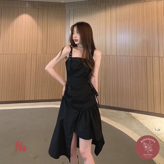 [V02] Váy đen 2 dây ROSYHANA, đầm đen hai dây vạt Ô Zuê lệch tà vải đũi cao cấp