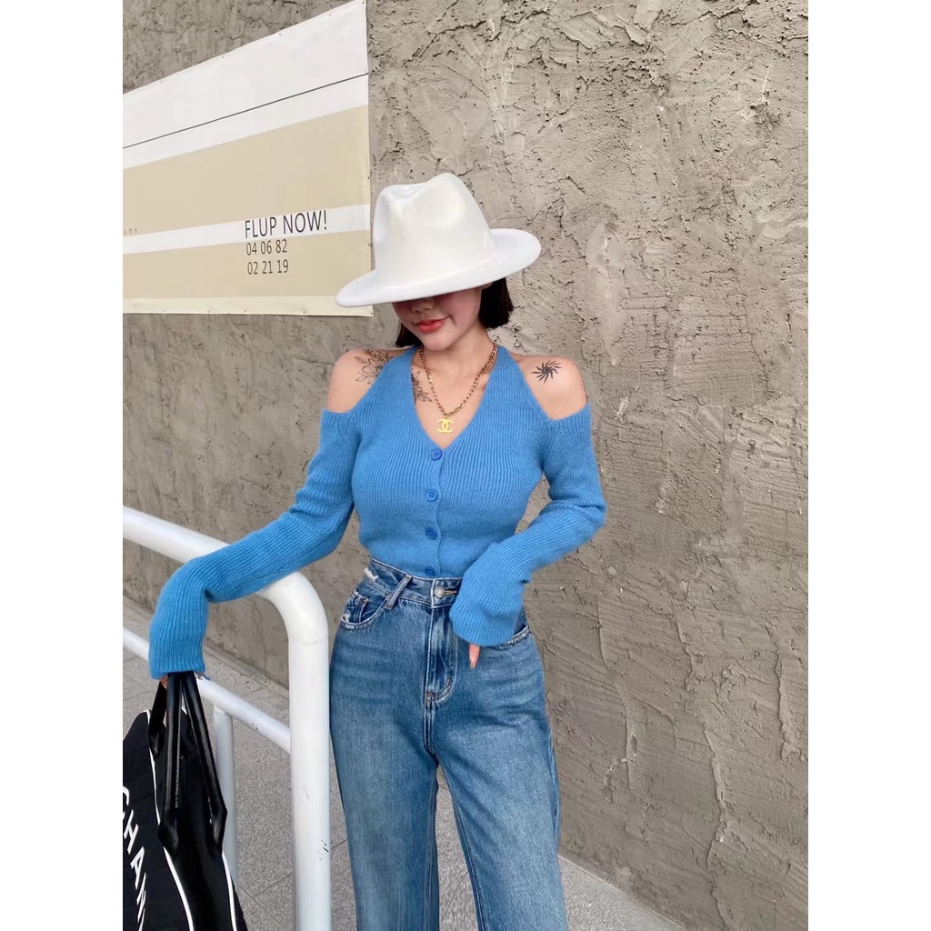 QADCOL Áo thun tay dài cổ chữ V khoét vai thời trang cho nữ