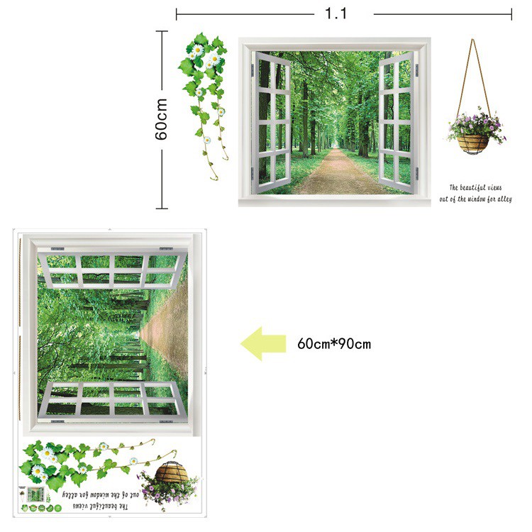 Combo Decal dán tường xanh 3 - decal cửa sổ 3d và chân tường trang trí nhà cửa đẹp