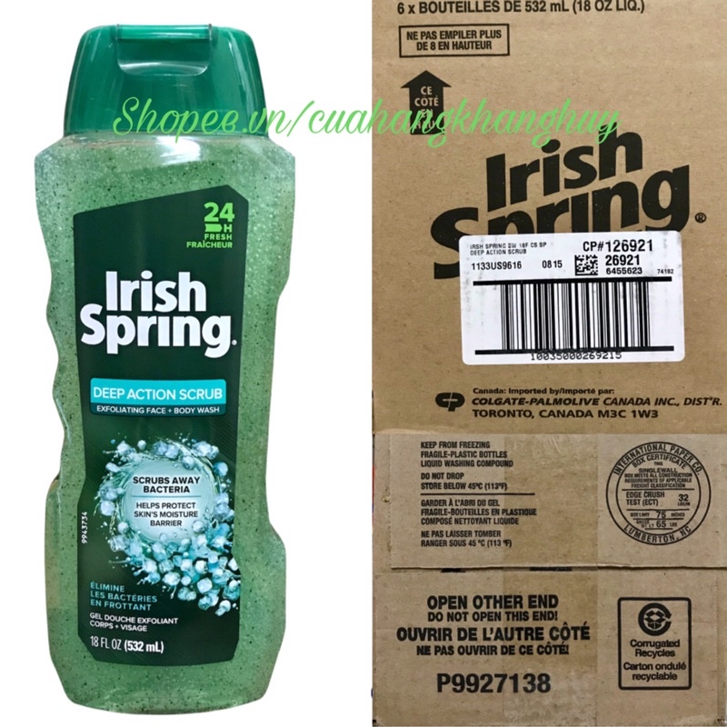 Sữa tắm có hạt và tẩy da chết cho mặt Irish Spring Deep Action Scrub 532 ml của Mỹ (Mẫu Mới)