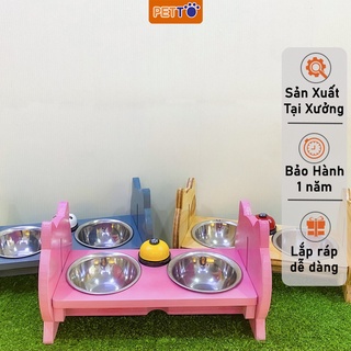 Bát ăn cho chó mèo kèm chuông huấn luyện điều chỉnh độ cao chống gù bát ăn đôi inox siêu xinh cho chó mèo bfd033