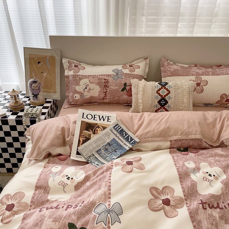 Bộ vỏ chăn ga gối 4 món Cotton Poly chó hoa nâu