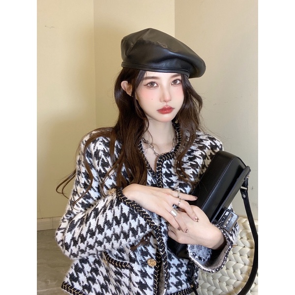 Áo khoác len lông dáng ngắn, hoạ tiết houndstooth phối viền vặn thừng (có ảnh thật)