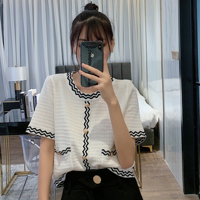 Fashion Women clothing Loose All Match Knitted Short Sleeve Top