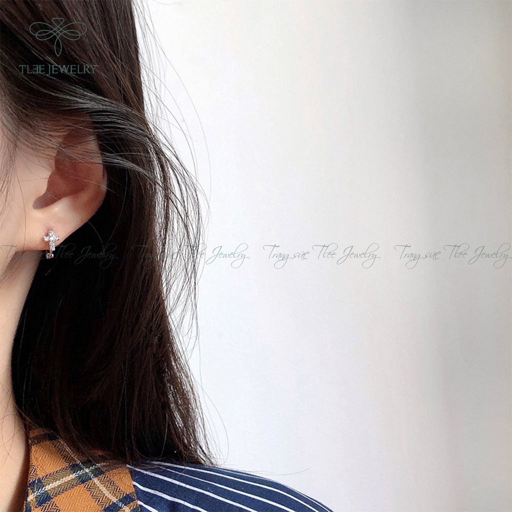 Khuyên tai bạc unisex TLEE tròn thánh giá nạm đá mẫu đeo ngắn có chốt bấm NCJ B0141