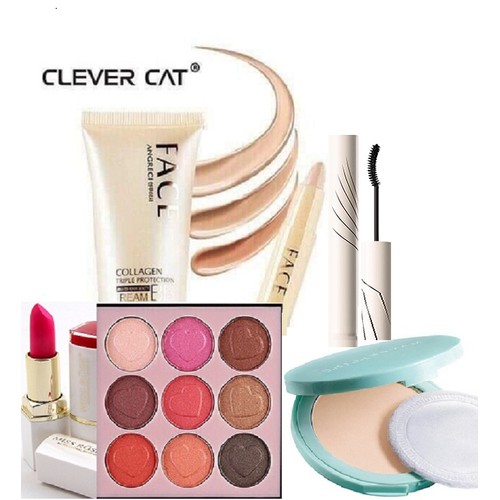 Set Trang Điểm 6 Món Kem Nền Clever Cat + Thanh Che Khuyết Điểm + Son Siêu Lì + Phấn Mắt Trái Tim Lameila 8 Ô + Mascara