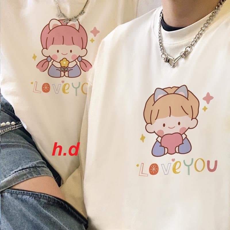 Áo đôi Love you cute HĐ12 (2chiếc), Áo thun nam và nữ, from rộng, mặc không xù - FANI