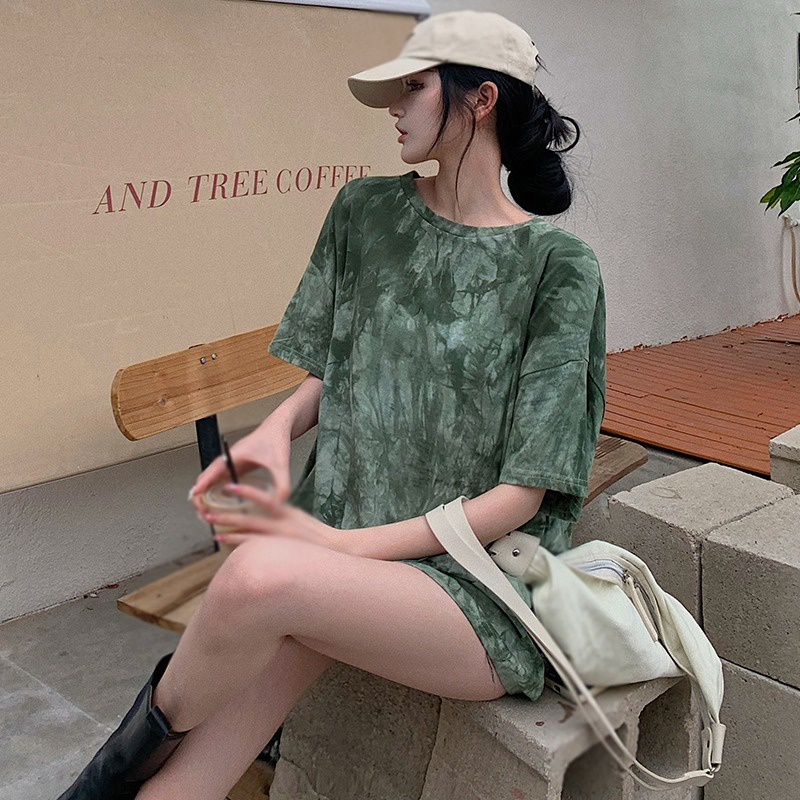 Áo Thun Tay Ngắn Dáng Rộng Hở Lưng Màu Nhuộm Thời Trang Mùa Hè Cho Nữ