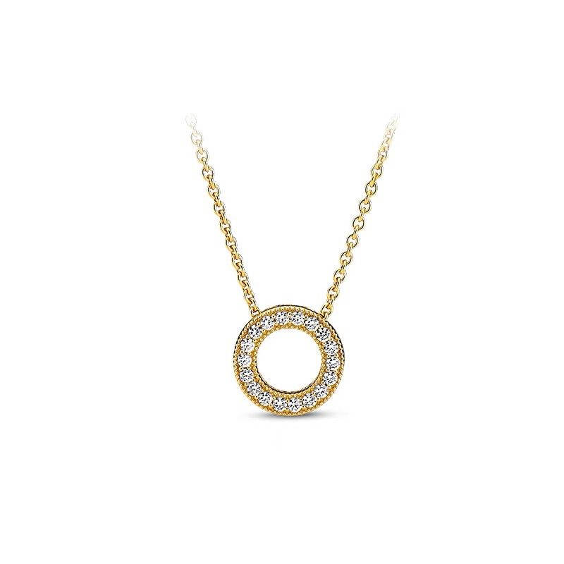 PANDORA Vòng cổ Bạc 925 Mặt Tròn Đính Đá Cz Thời Trang Cho Nữ