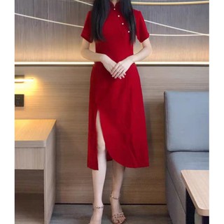 Sườn Xám Đỏ Vạt Cung Đính Hạt