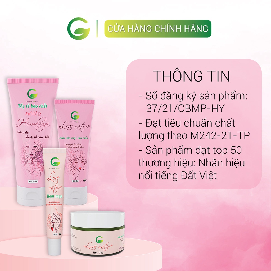 Combo giảm mụn ngừa thâm Love Nature gồm Tẩy tế bào chết, Sữa rửa mặt, Kem mụn, Mặt nạ tảo biển