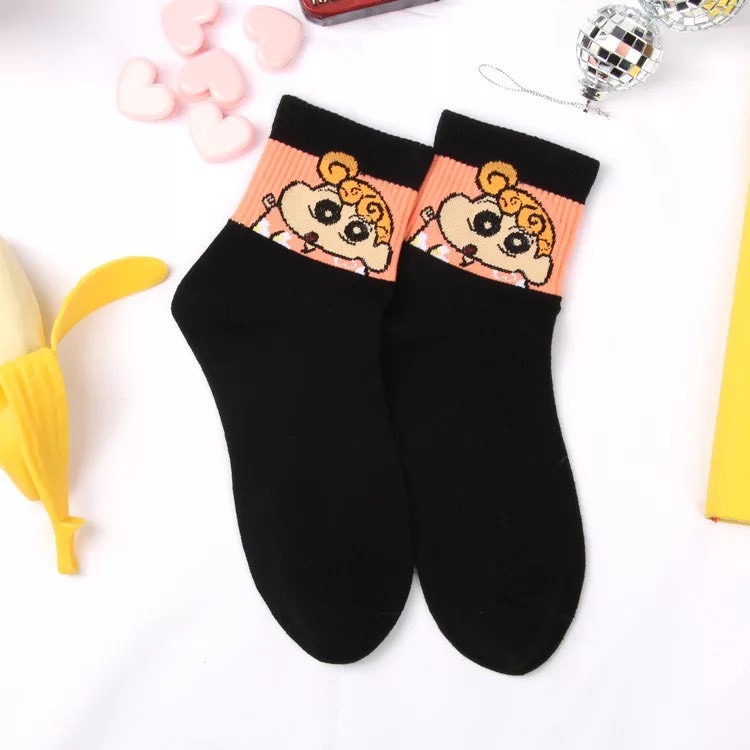 Set 5 đôi tất Pohanu màu đen cổ cao họa tiết hoạt hình Shin dày đẹp TN129