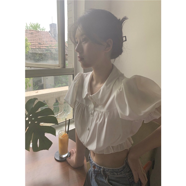 Áo Kiểu Tay Phồng Cổ Búp Bê Phối Ren Phong Cách Hàn Quốc Dễ Thương