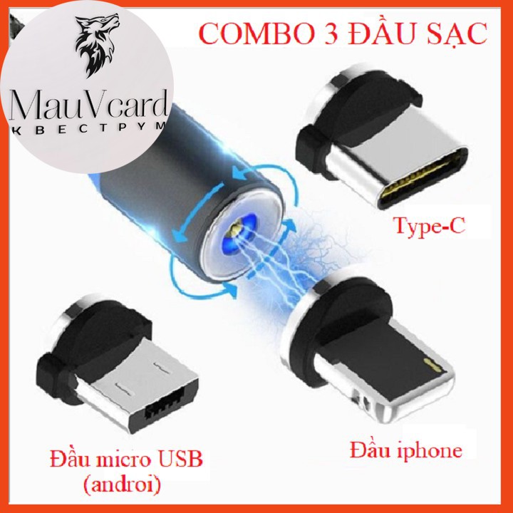 [COMBO 1 DÂY+3 ĐẦU SẠC] Cáp sạc từ hút nam châm đầu Iphone- micro USB - Type C - Dây dù - xoay 360 độ có LED cao cấp