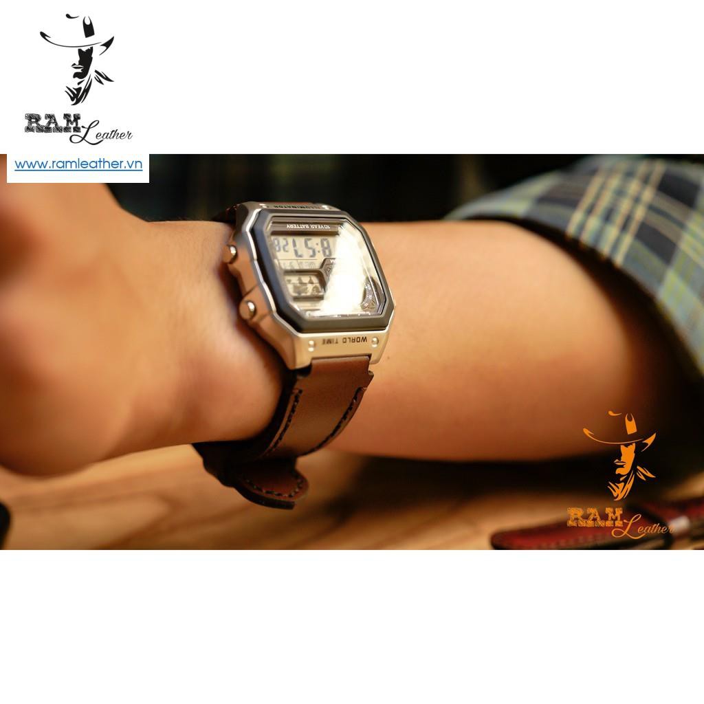 Dây đồng hồ da bò cho Casio AE1200 WHD và Seiko 5 37mm (Tặng Khóa + Cây thay dây + 2 chốt) - Da bò nâu đỏ cực chất .