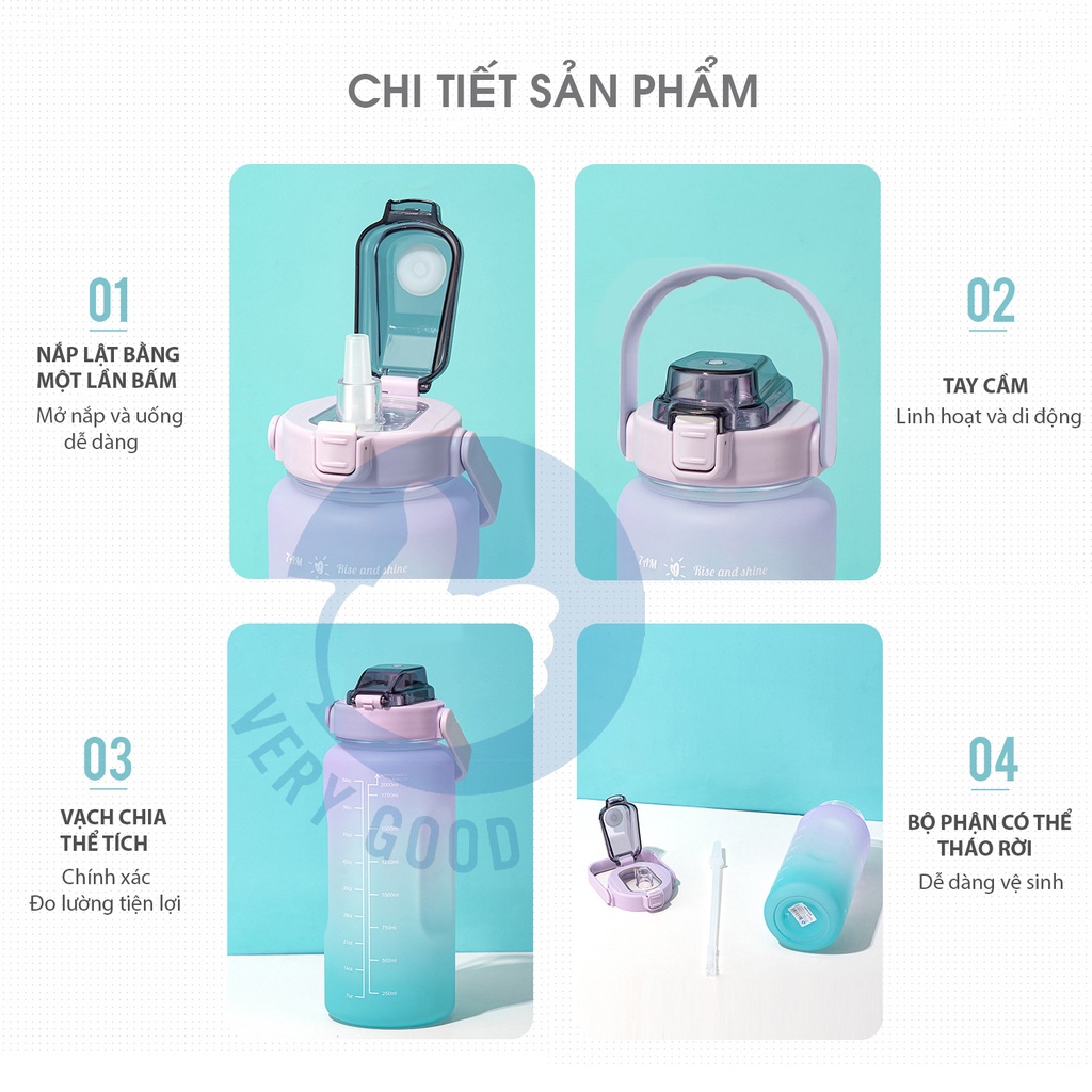 Bình nước 2 lít chia vạch fashion86_store bình đựng nước uống nóng lạnh 1l 2l có ống hút tập gym thể thao đi học cute