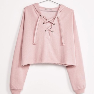 Áo Hoodie Crop Top tay dài cổ V đan dây form rộng - by Sugargalz