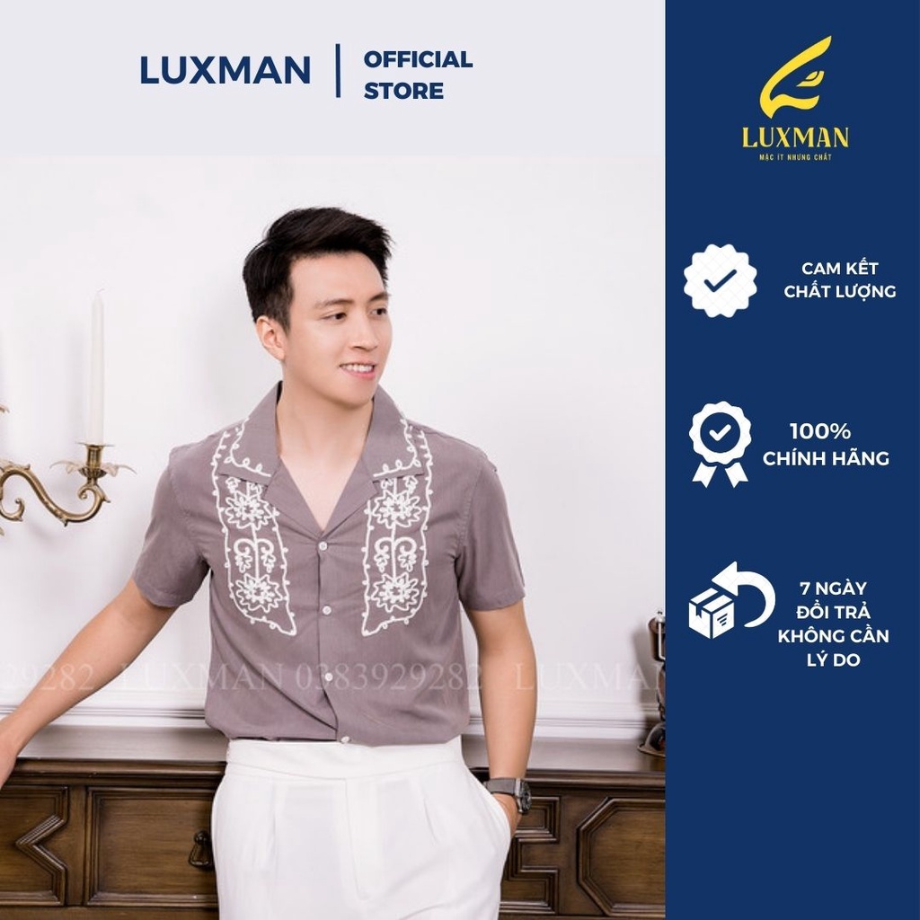 Áo sơ mi ngắn tay hoạ tiết hoa văn phong cách cổ điển, trẻ trung năng động thương hiệu Luxman