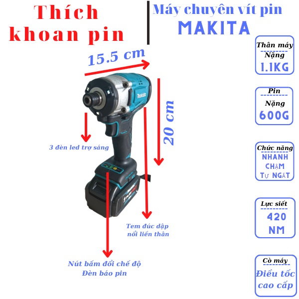 Máy bắn vít pin Makita không chổi than, máy bắt vít hàng cao cấp new 2022, bảo hành 12 tháng