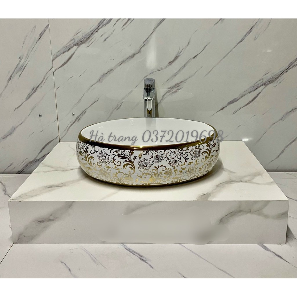 CHẬU LAVABO ĐẶT BÀN HÌNH ELIP HOA VĂN KT NHỎ