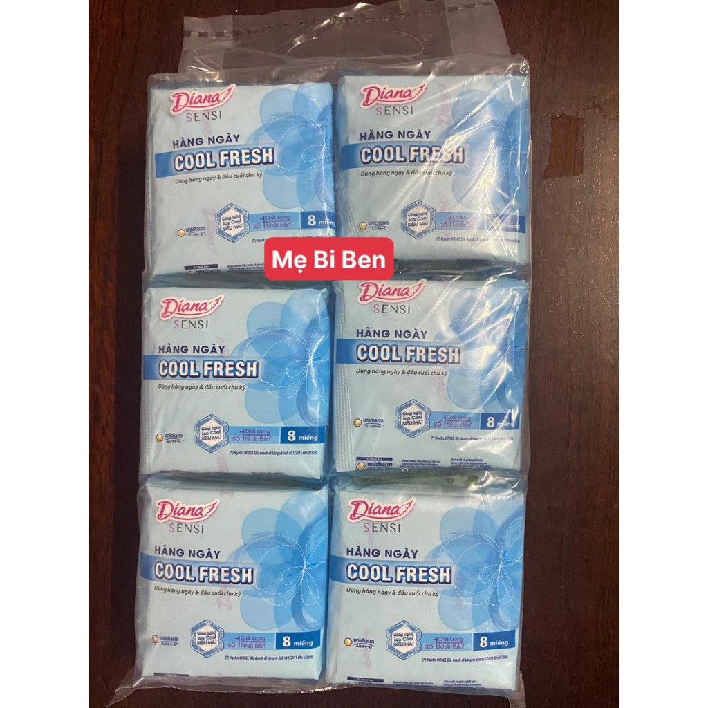 Lốc 6 gói Băng vệ sinh Diana hàng ngày Sensi Cool Fresh gói nhỏ 8 miếng/gói