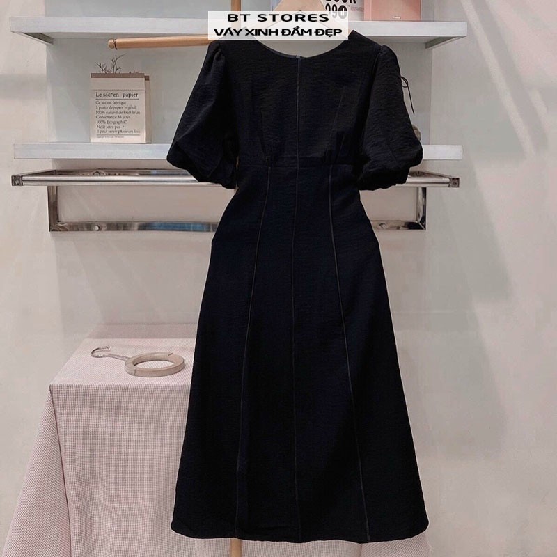 Đầm cổ tròn tay phồng may phối ly dọc thân chất vải linnen Vaco BT93