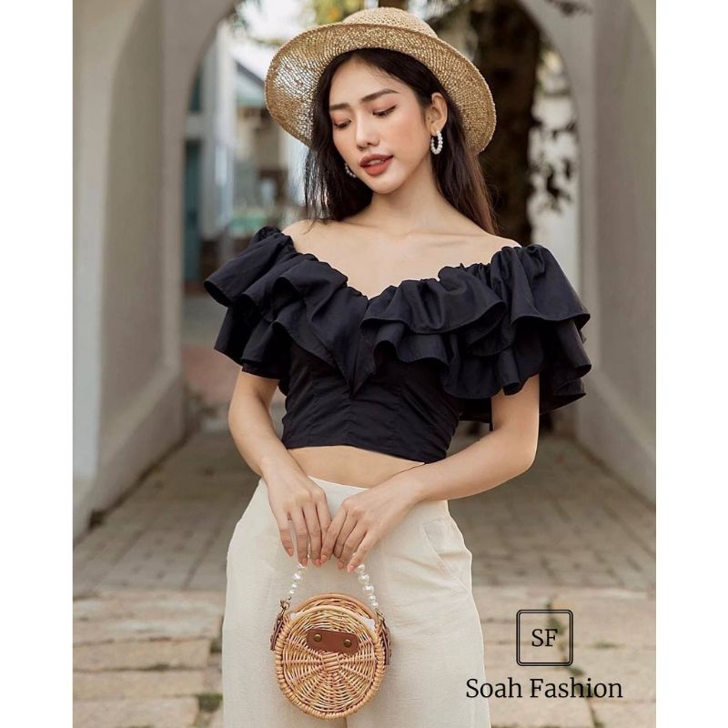 Áo Croptop Bèo Ngực 2 Tầng Dây Kéo Đồng màu đen