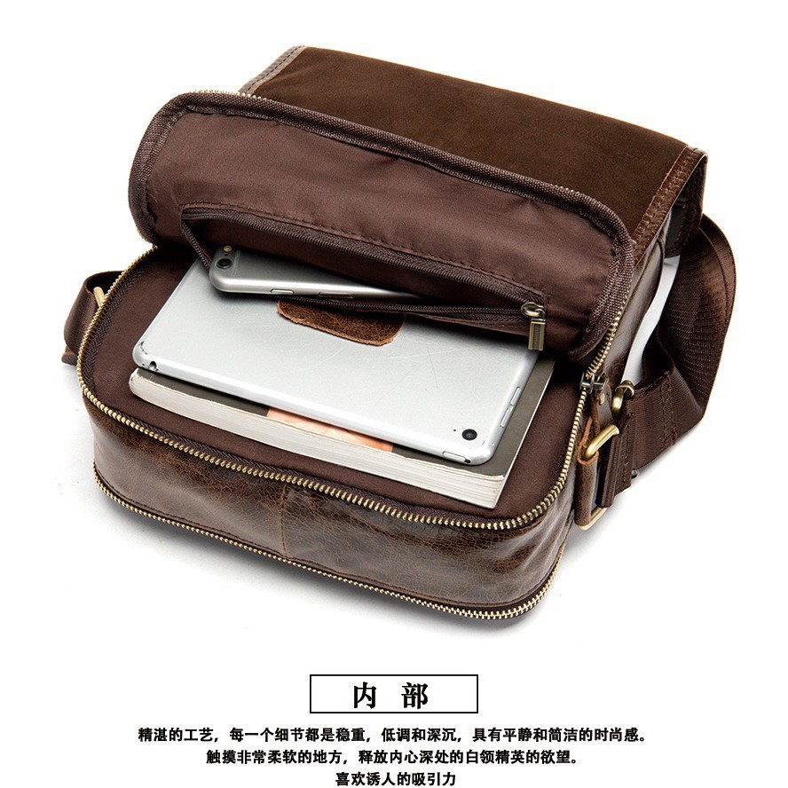 Túi đeo chéo nam DA BÒ thật mã T44 size 27x22x7.5cm đựng IPAD (Nâu đậm-Nâu-Nâu sáng)