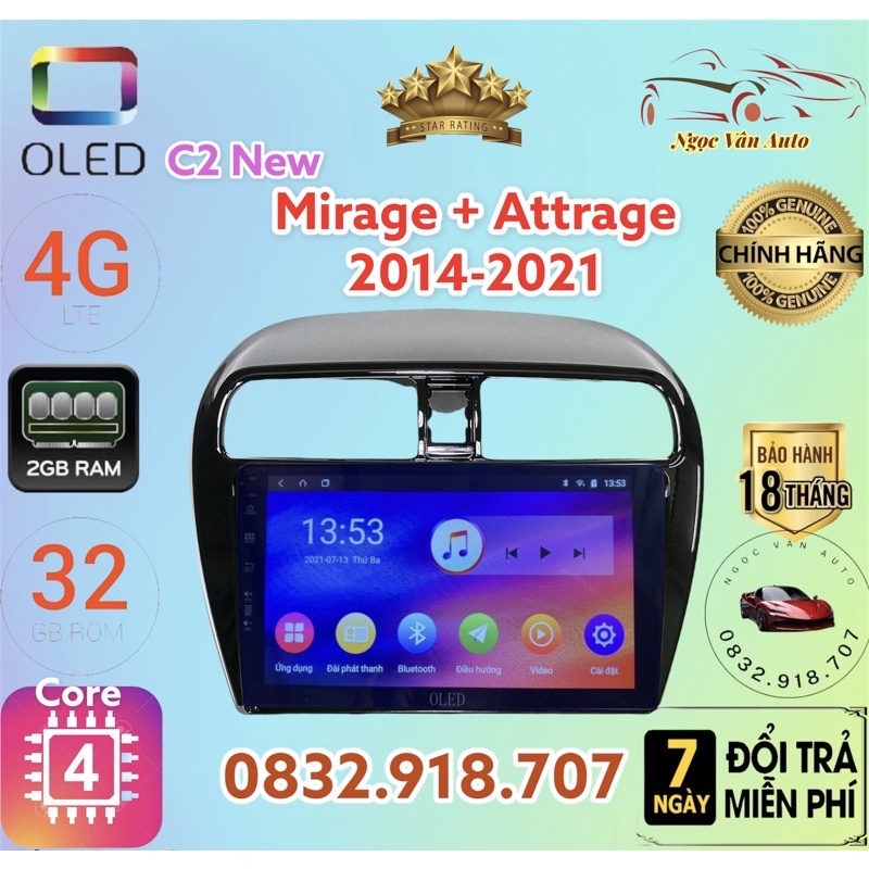 Màn Hình Android OLED C2 Theo Xe Mirage + Attrage 2014 - 2021, 9 inch kèm dưỡng và jack zin theo xe