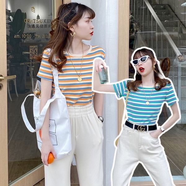 Áo Thun Tay Ngắn Dáng Ôm Họa Tiết Kẻ Sọc Phong Cách Hàn Quốc Thời Trang Mùa Hè Cho Nữ FF3016
