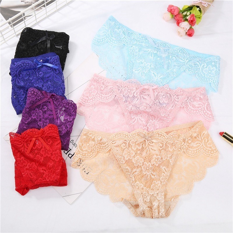 Quần lót Ladies Sexy Lace Briefs Bow Stitching Low Waist Underwear Solid Color Plus Size Panties