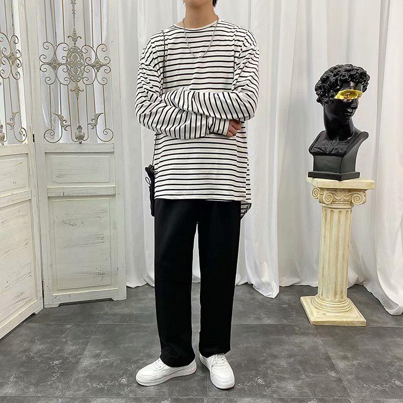 Áo thun dài tay họa tiết kẻ sọc ngang thiết kế dáng rộng thời trang cho nam