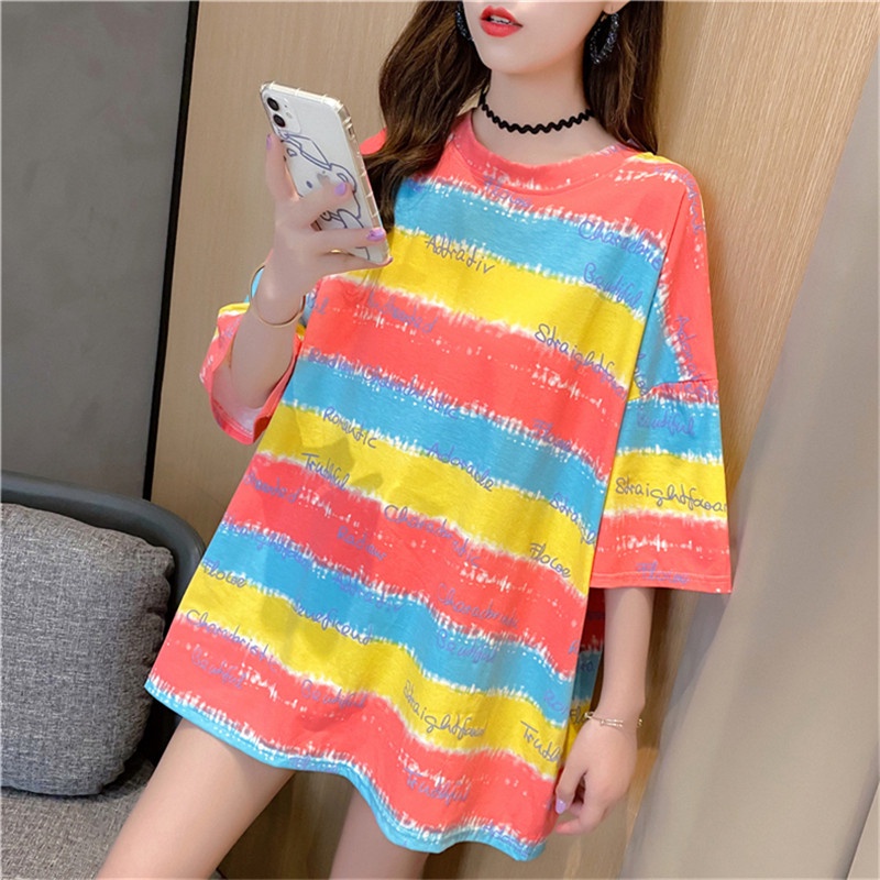 Áo thun nữ ulizzang form rộng tay lỡ cổ tròn, Áo thun nữ phối màu kẻ ngang cực xinh A02