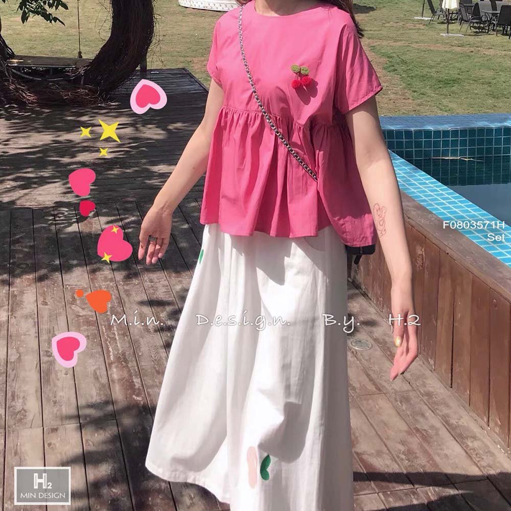 Set áo babydoll hồng cột nơ lưng tay ngắn phối chân váy xòe trắng in hoa dáng dài!
