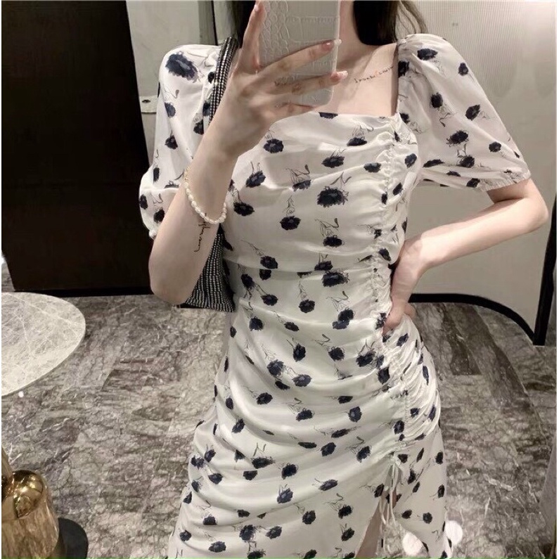 đầm vol lụa hoạ tiết xẻ tà rút dây cổ vuông