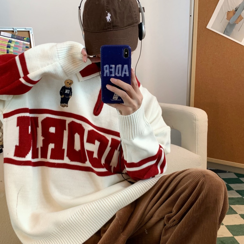 Áo thun polo dệt kim tay dài in chữ phong cách Hàn Quốc thời trang cho nam nữ áo len dệt kim Unisex có ve áo thời trang áo len dệt kim cặp đôi giản dị form rộng hàng đầu