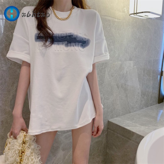 esf Women  T-shirt Three-dimensional Foaming Printing White Top Mid-length Loose Short-sleeved Shirt