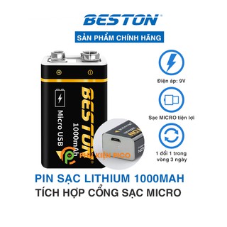 Pin sạc 9V Lithium 1000mAh chính hãng Beston có cổng sạc trực tiếp - Pin vuông Beston