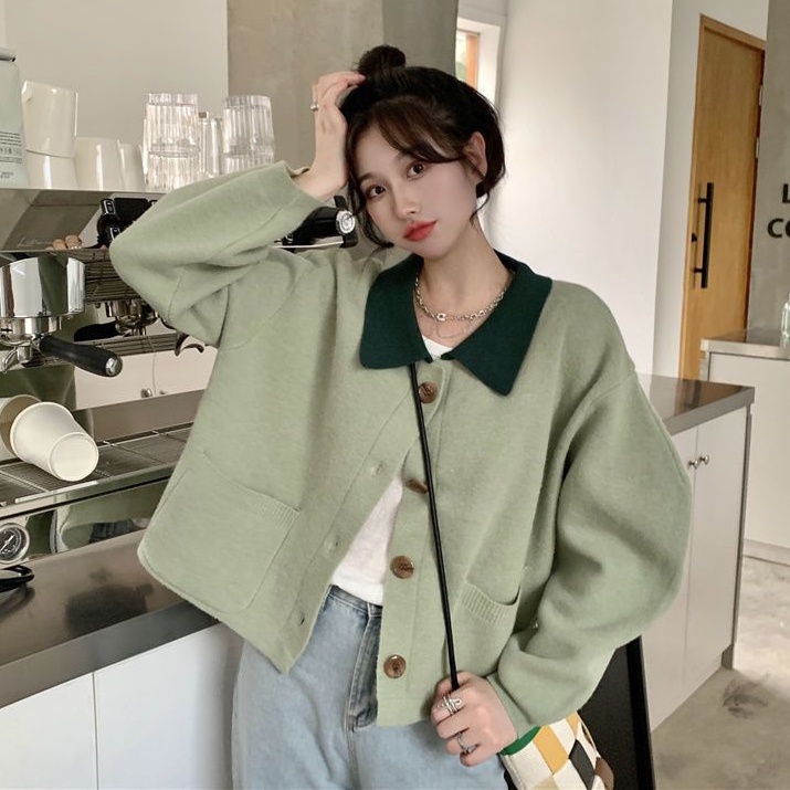 Áo Khoác Cardigan Dệt Kim Dáng Rộng Phối Túi Và Nút Phong Cách Hàn Quốc Thời Trang Thu Đông