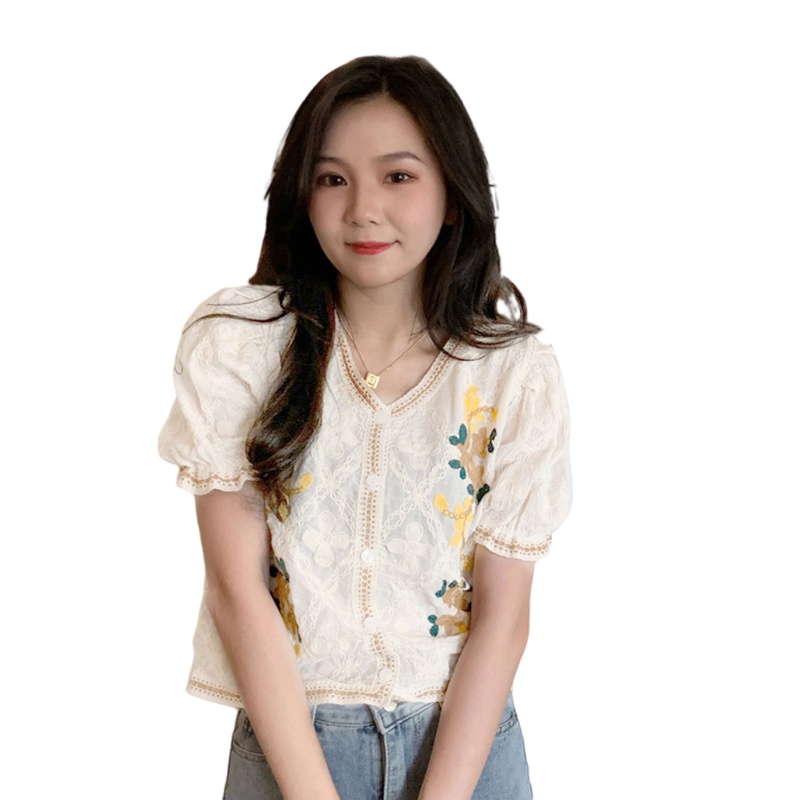 Áo Croptop Tay Phồng Ngắn Thêu Hoa Phối Ren Thời Trang Xinh Xắn Cho Nữ