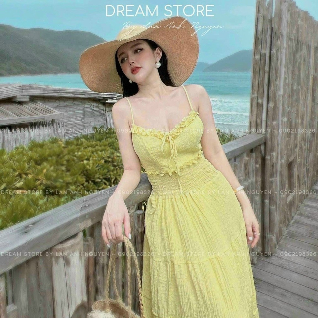 Đầm nữ thời trang mặc đi biển, Đầm maxi Quảng Châu mocking xốp chỉ 2 dây có mút váy xoè xếp tầng đi biển xinh xắn