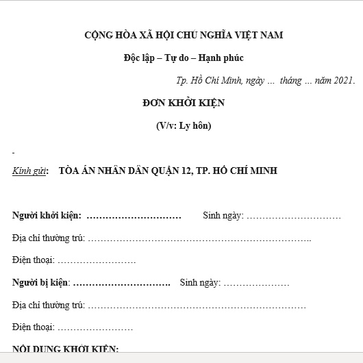 Mẫu đơn ly hôn đơn phương quận 12, TP HCM + bản hướng dẫn viết đơn ly hôn, hồ sơ ly hôn